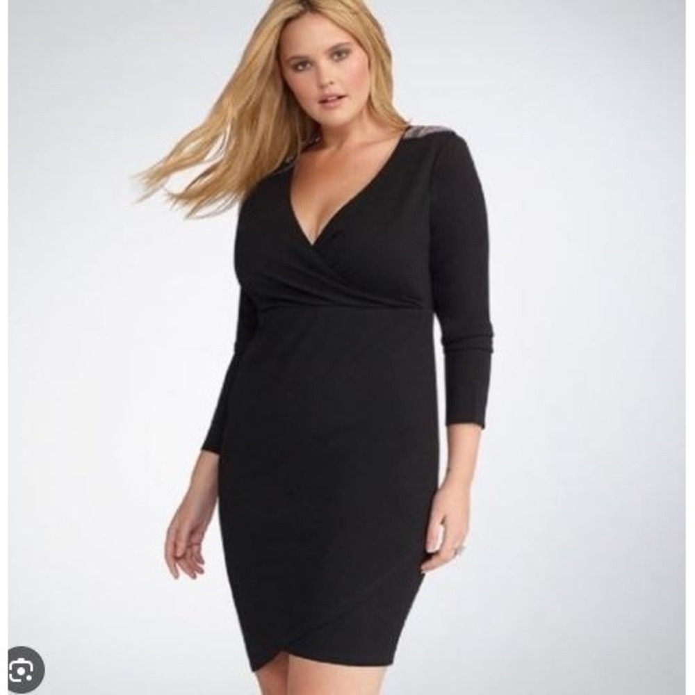 Rebel Wilson for Torrid Womens Black Faux Wrap Dress Size 2 Embellished Shoulder